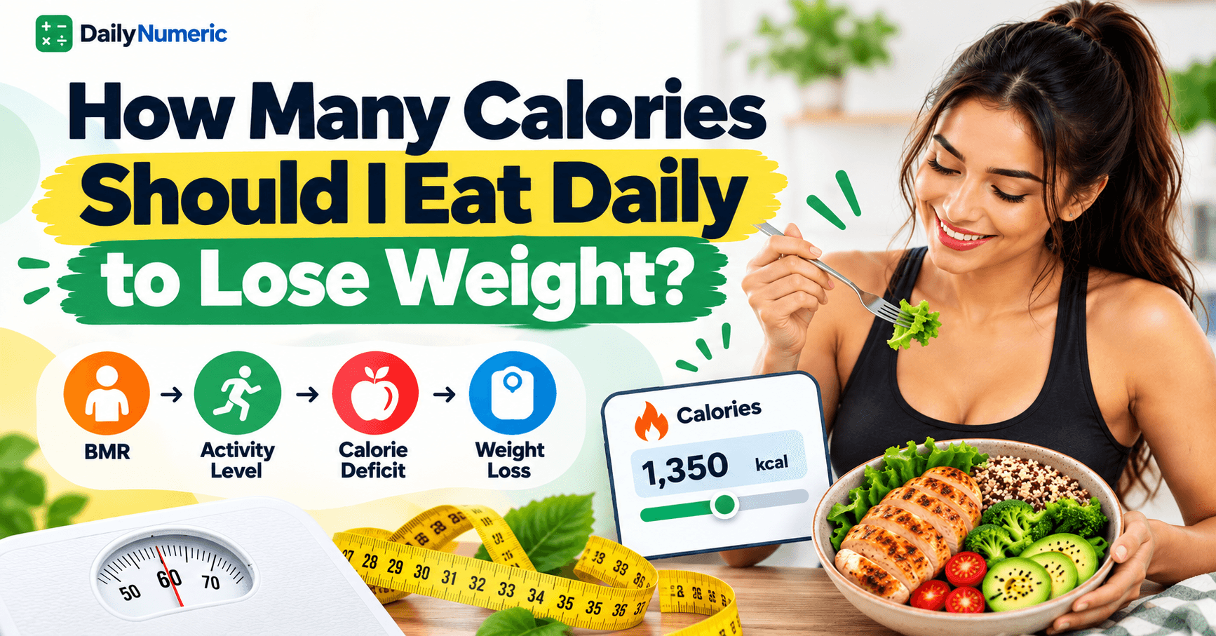 A plate and a calorie target showing a daily calorie goal for weight loss